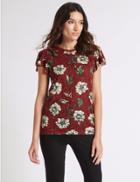 Marks & Spencer Floral Animal Print Frill Sleeve T-shirt Navy Mix