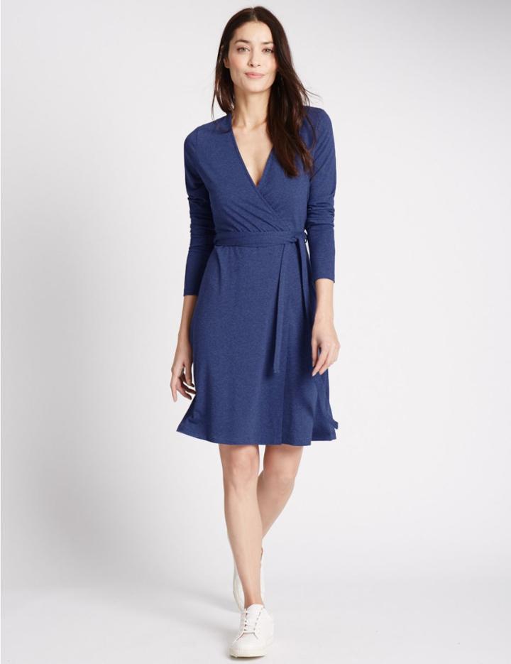 Marks & Spencer Wrap Long Sleeve Skater Dress Blue Mix
