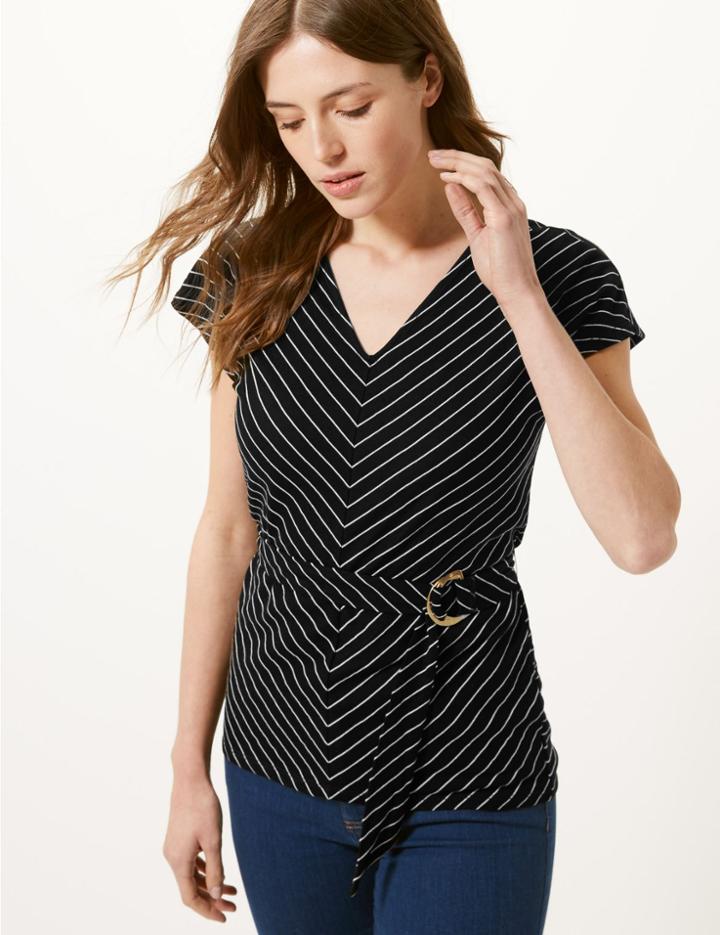 Marks & Spencer Striped V-neck Fitted Top Black Mix