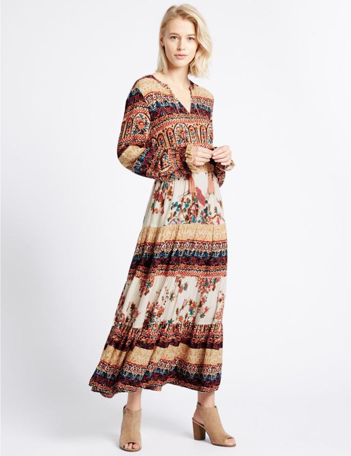Marks & Spencer Ruffle Cuff Drawsting Tassel Midi Dress Ivory Mix
