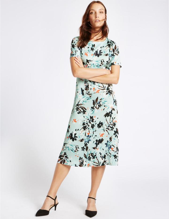 Marks & Spencer Floral Print Short Sleeve Tunic Midi Dress Light Blue Mix