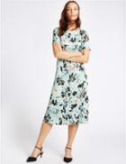 Marks & Spencer Floral Print Short Sleeve Tunic Midi Dress Light Blue Mix