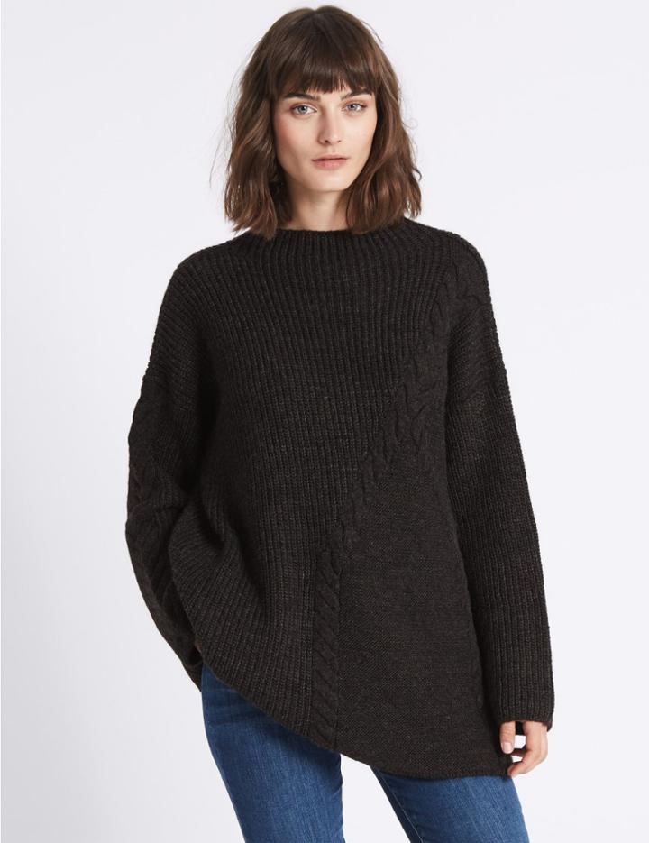 Marks & Spencer Cable Knit Longline Round Neck Jumper Grey
