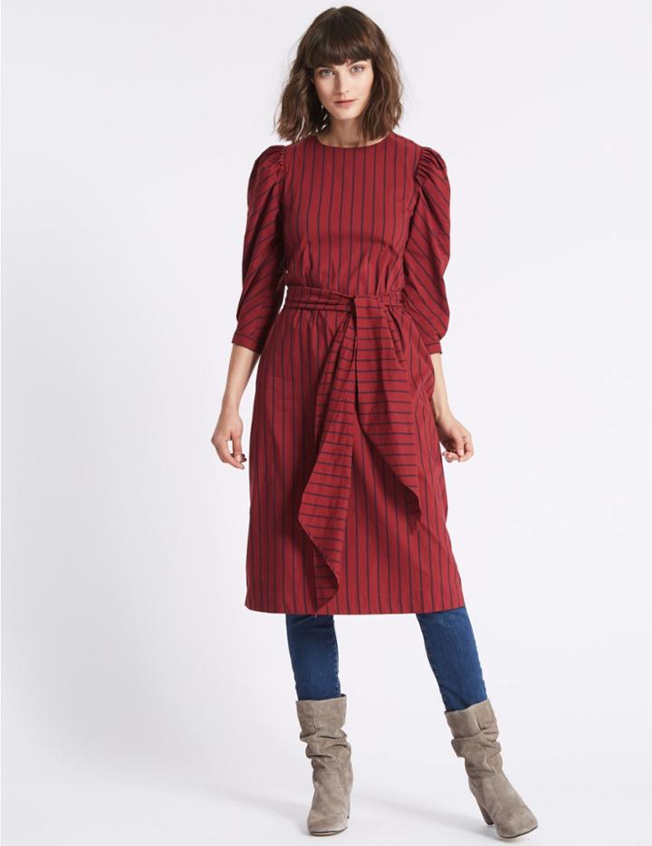 Marks & Spencer Poplin Sleeve Striped Tunic Midi Dress Red Mix