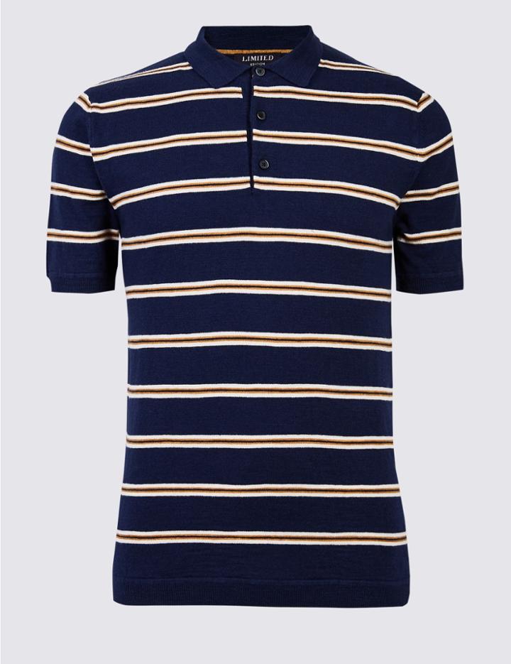 Marks & Spencer Pure Cotton Striped Slim Fit Polo Navy Mix