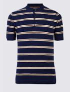 Marks & Spencer Pure Cotton Striped Slim Fit Polo Navy Mix