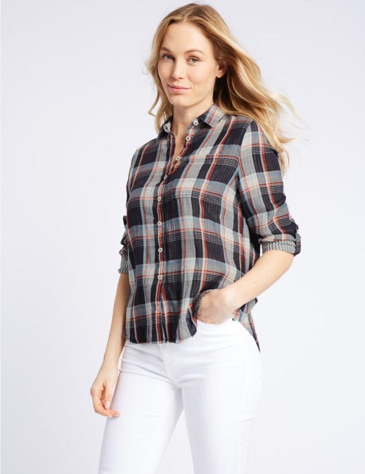 Marks & Spencer Cotton Blend Checked Long Sleeve Shirt Navy Mix