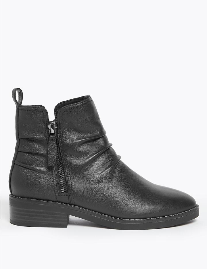 Marks & Spencer Leather Ruched Zip Ankle Boots Black