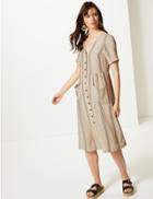 Marks & Spencer Linen Rich Striped Waisted Midi Dress Natural Mix