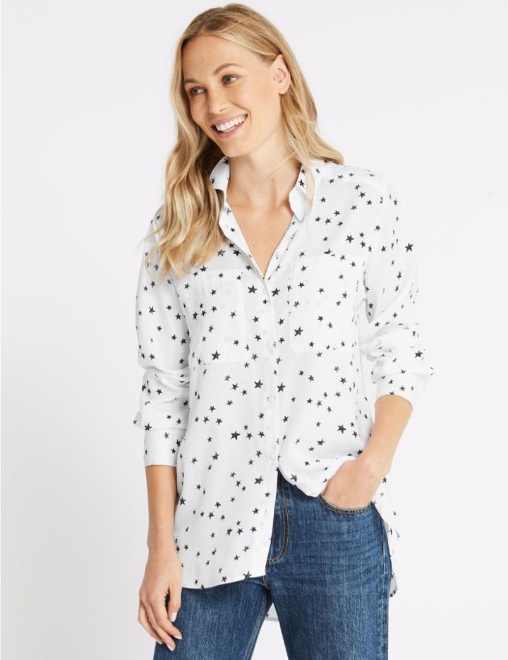 Marks & Spencer Printed Satin Long Sleeve Shirt Ivory Mix
