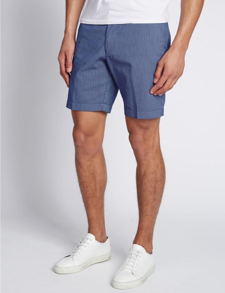 Marks & Spencer Pure Cotton Tailored Fit Striped Shorts Indigo Mix