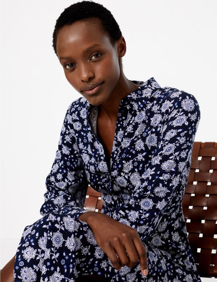 Marks & Spencer Floral Shirt Midi Dress Navy Mix