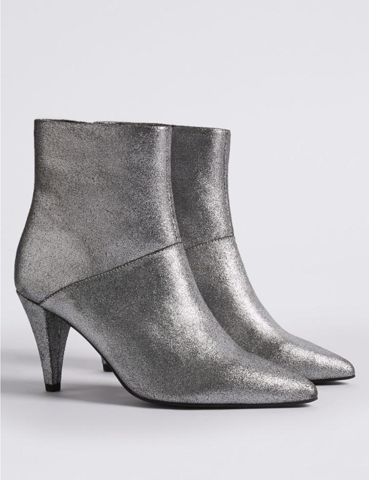 Marks & Spencer Leather Stiletto Pointed Ankle Boots Metallic