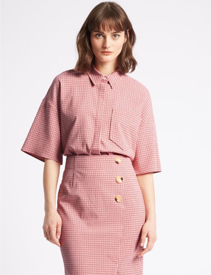 Marks & Spencer Checked Half Sleeve Shirt Pink Mix