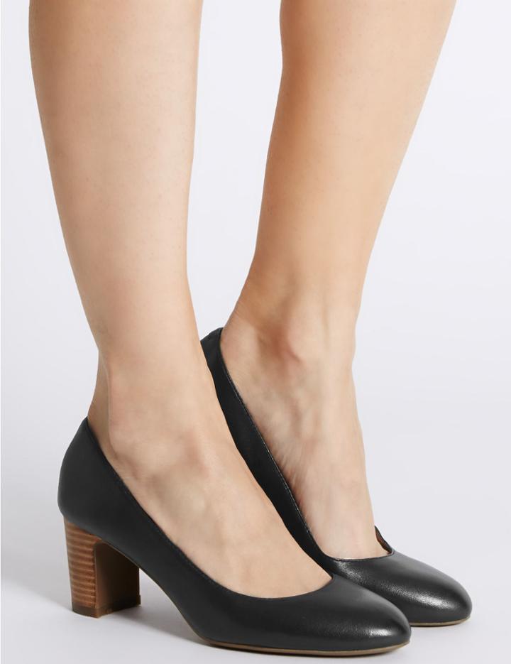 Marks & Spencer Leather Mid Heel Almond Toe Court Shoes Black