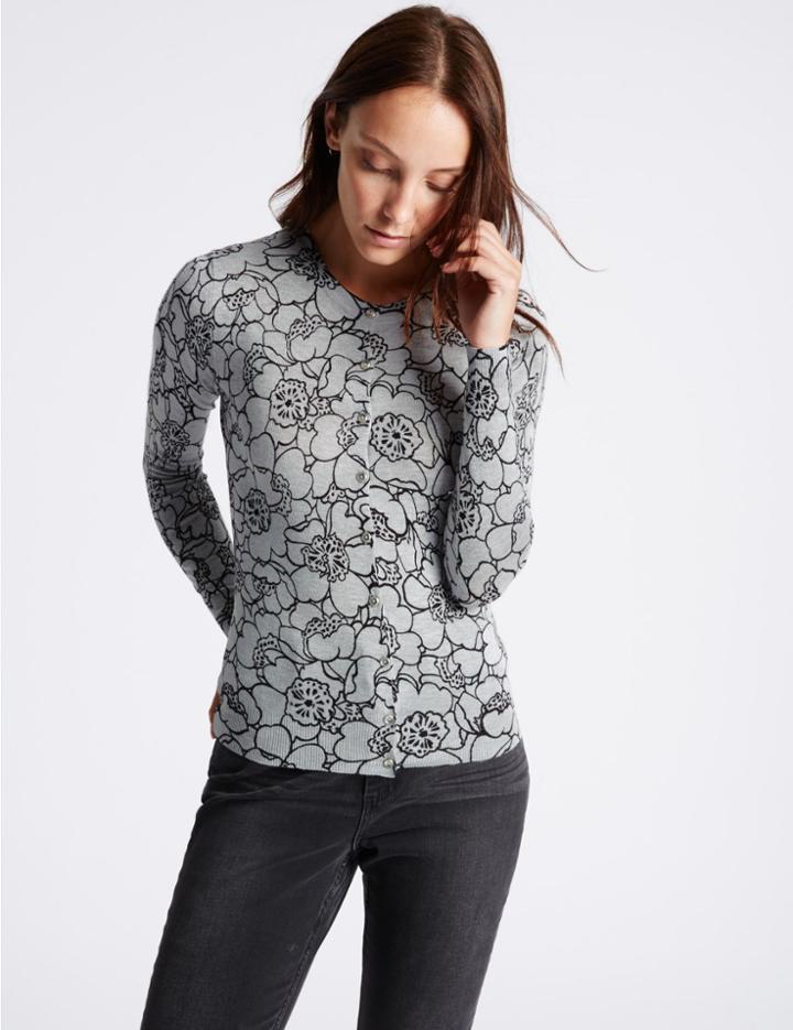 Marks & Spencer Line Floral Print Round Neck Cardigan Grey Mix