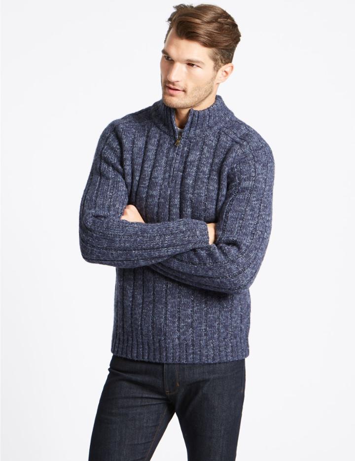 Marks & Spencer Textured Half Zipped Jumper Mid Blue