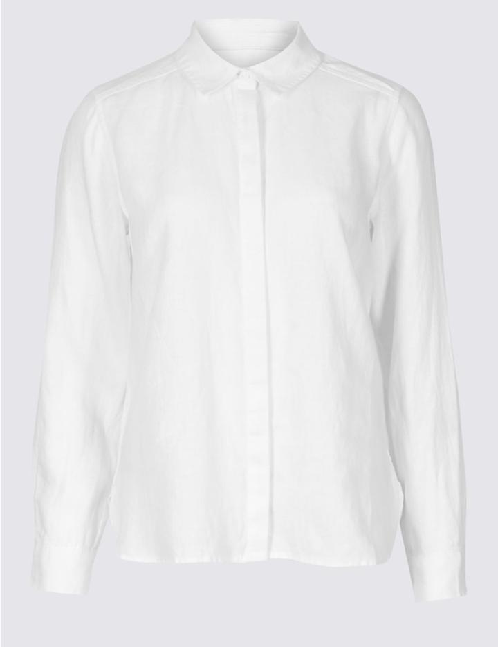 Marks & Spencer Petite Pure Linen Long Sleeve Shirt White