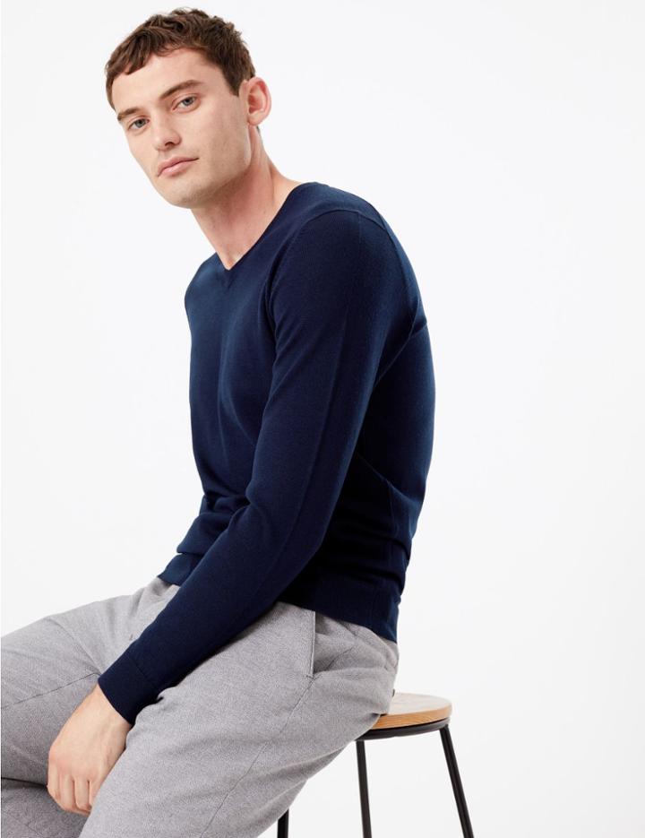 Marks & Spencer Pure Merino Wool V-neck Jumper Navy