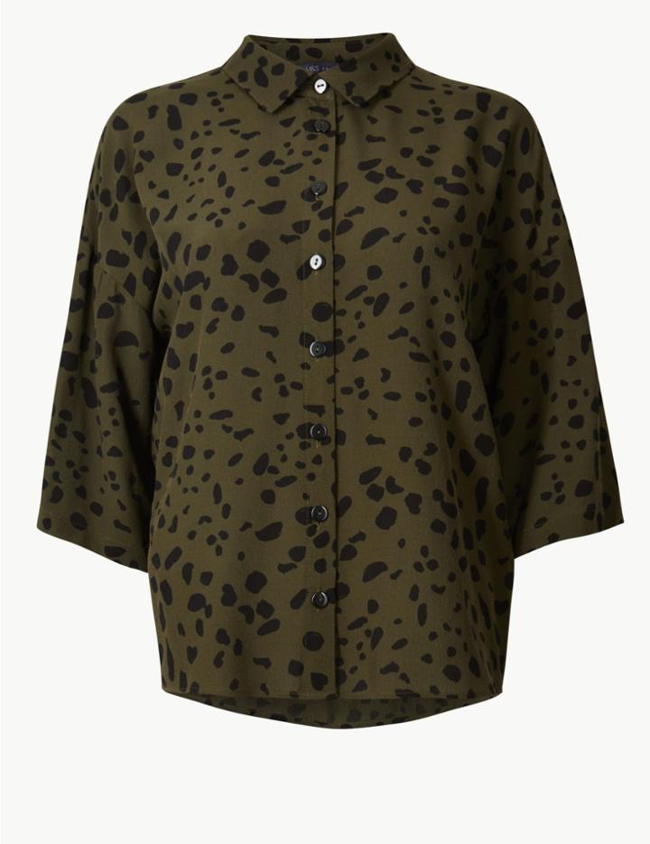 Marks & Spencer Oversized Animal Print 3/4 Sleeve Shirt Khaki Mix