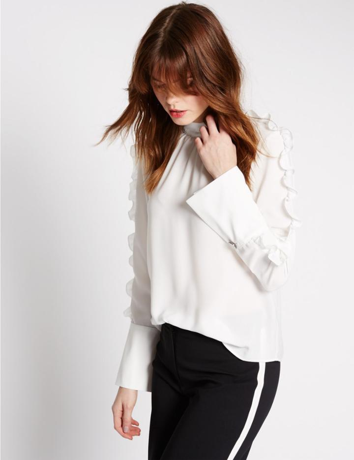 Marks & Spencer Ruffle High Neck Long Sleeve Blouse Soft White