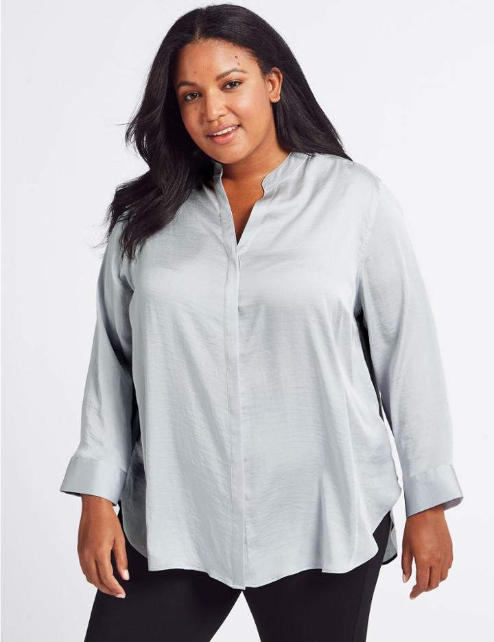 Marks & Spencer Curve Satin Notch Neck Long Sleeve Blouse Silver