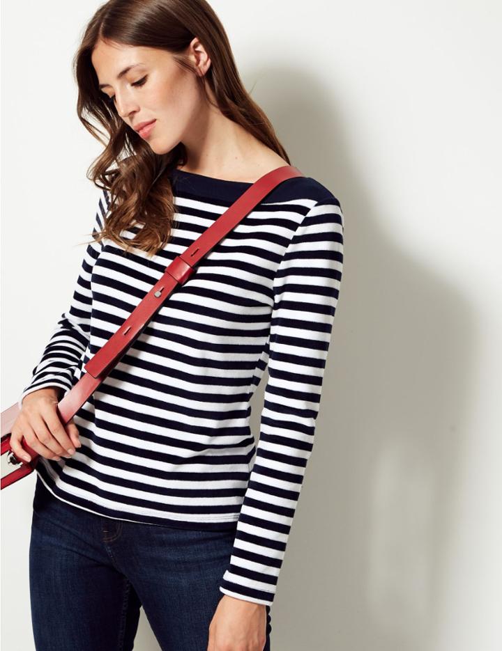 Marks & Spencer Cotton Rich Velour Striped Long Sleeve Top Navy Mix
