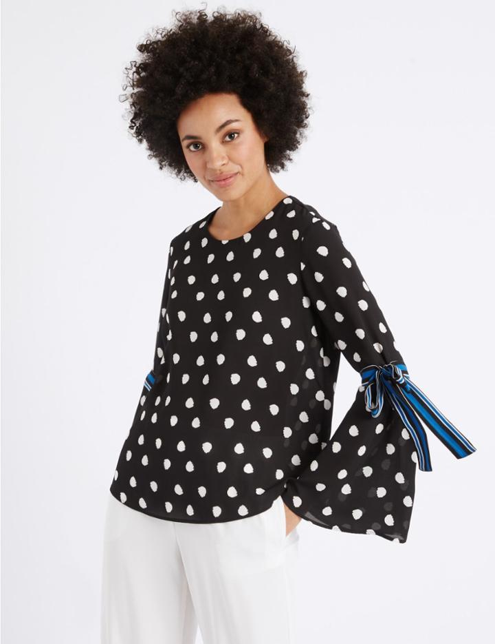 Marks & Spencer Spotted Round Neck Tie Sleeve Blouse White/black