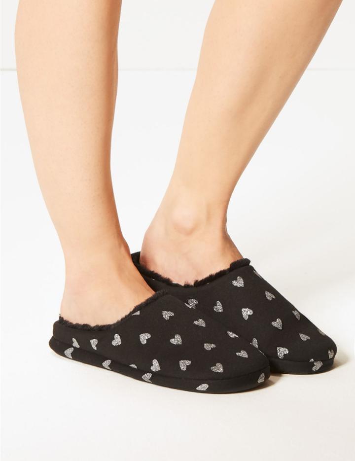 Marks & Spencer Heart Print Mule Slippers Black Mix