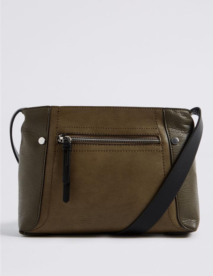 Marks & Spencer Faux Leather Colour Block Cross Body Bag Khaki Mix