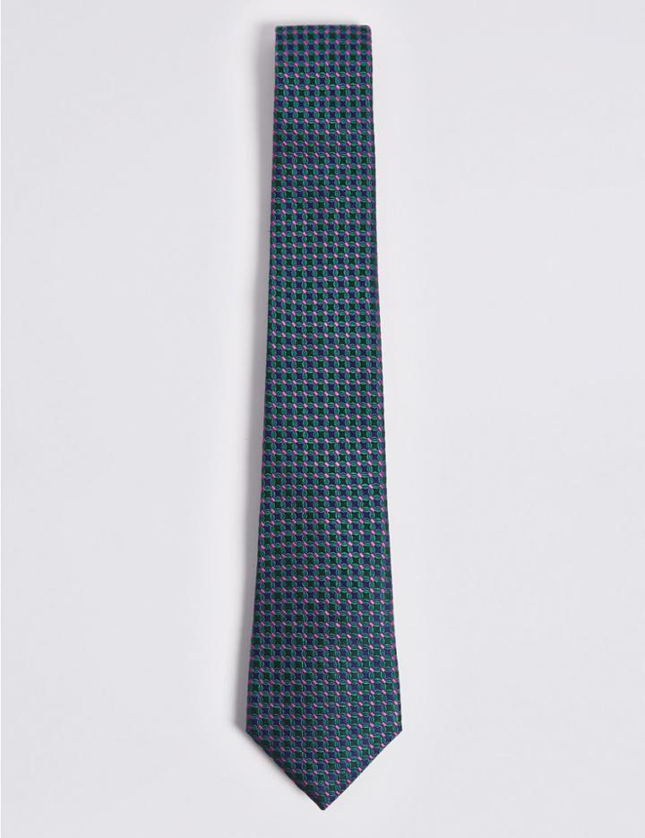 Marks & Spencer Pure Silk Geometric Print Tie Green Mix