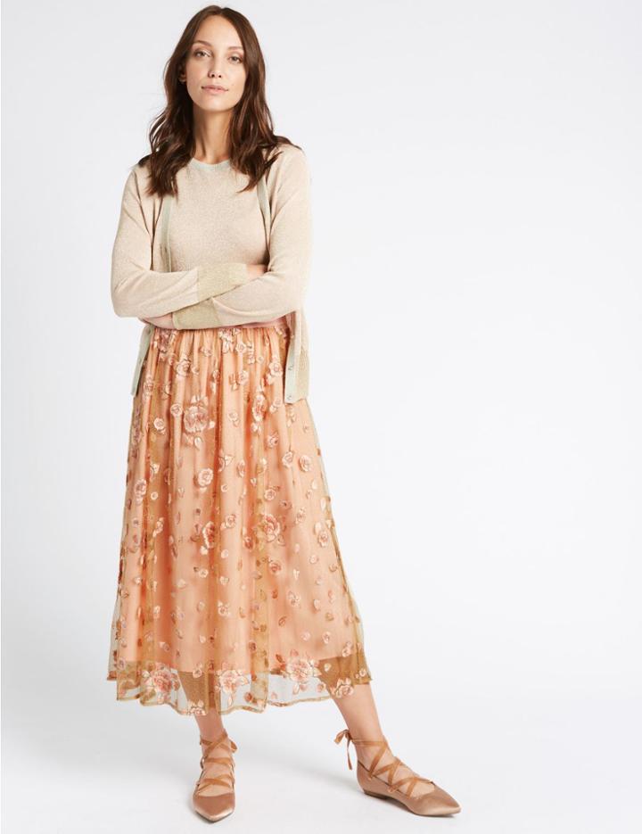 Marks & Spencer Embroidered A-line Midi Skirt Light Pink Mix