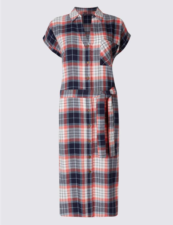 Marks & Spencer Pure Cotton Checked Midi Dress With Belt Blue Mix