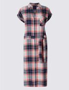 Marks & Spencer Pure Cotton Checked Midi Dress With Belt Blue Mix