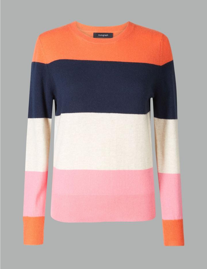 Marks & Spencer Pure Cashmere Colour Block Jumper Orange Mix