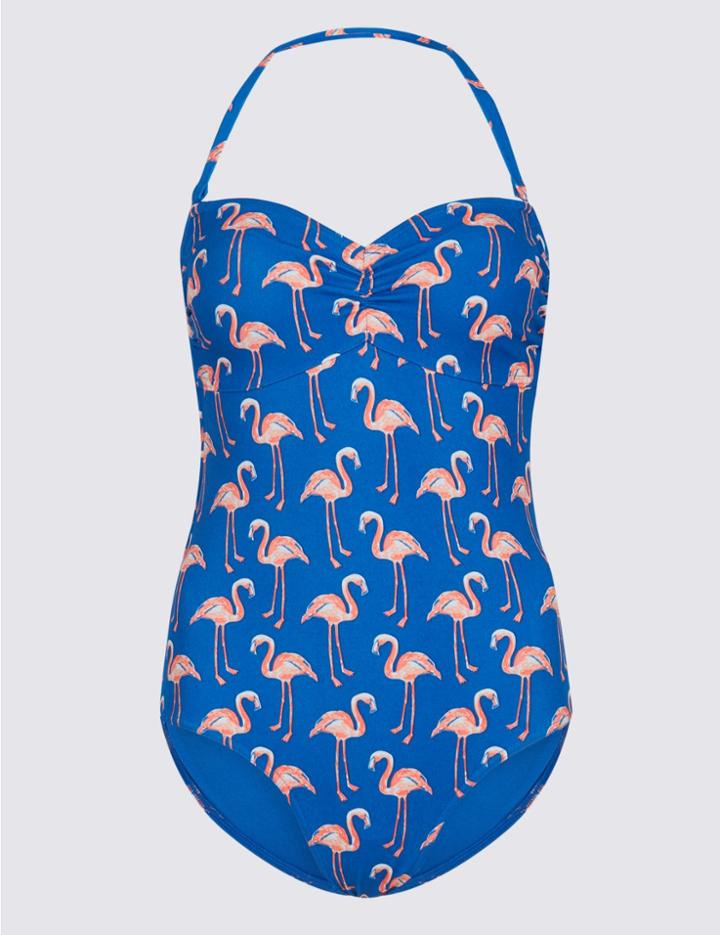 Marks & Spencer Secret Slimming&trade; Flamingo Print Bandeau Swimsuit Navy Mix