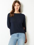 Marks & Spencer Ribbed Slash Neck Open Knit 3/4 Sleeve Tunic Navy