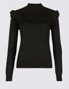 Marks & Spencer Sparkly Ruffle Yoke Funnel Neck Jumper Forest Green
