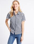 Marks & Spencer Cotton Rich Striped Short Sleeve Shirt Navy Mix