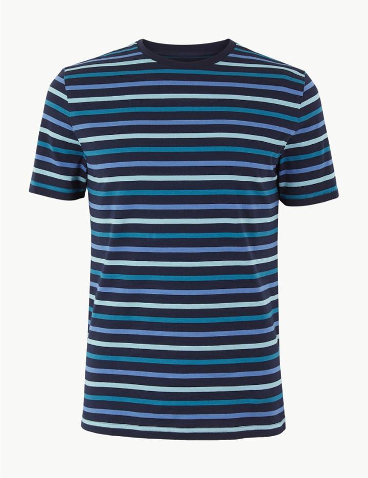 Marks & Spencer Slim Fit Cotton Striped T-shirt Navy Mix