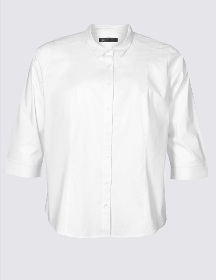Marks & Spencer Cotton Rich 3/4 Sleeve Shirt White