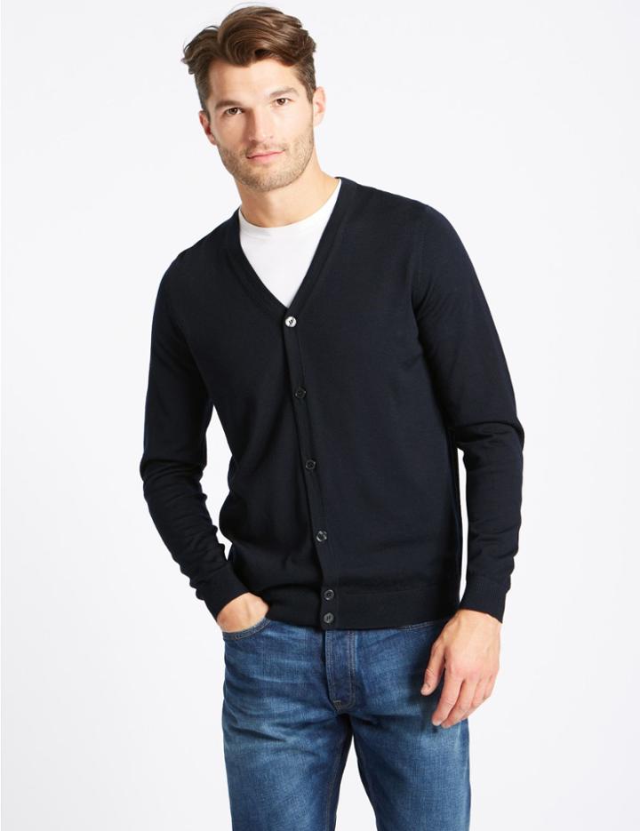 Marks & Spencer Pure Merino Wool Cardigan Navy