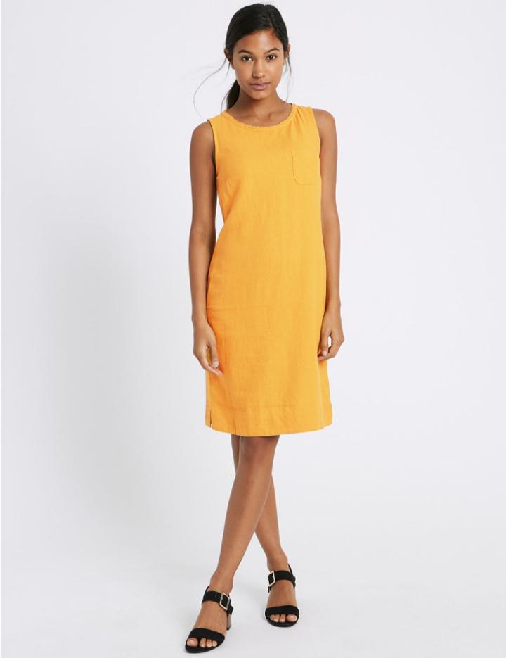 Marks & Spencer Linen Blend Pocket Round Neck Tunic Dress Ochre