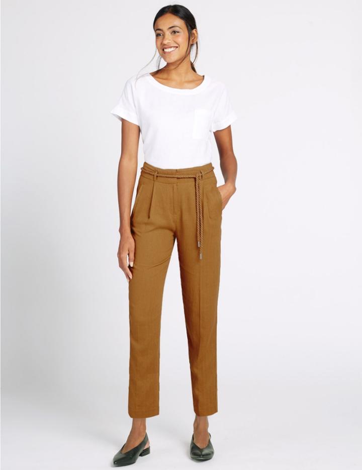 Marks & Spencer Linen Rich Tapered Leg Trousers Tan