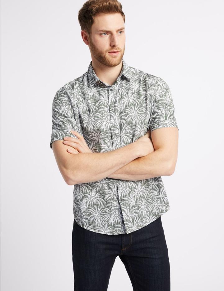Marks & Spencer Pure Cotton Palm Printed Shirt Khaki