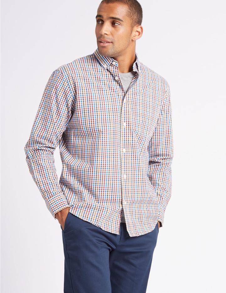 Marks & Spencer Pure Cotton Checked Shirt With Pocket Dark Orange