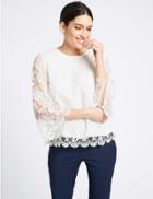 Marks & Spencer Lace Round Neck &frac34; Sleeve Blouse Ivory