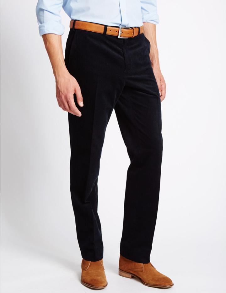 Marks & Spencer Tailored Fit Cotton Rich Corduroy Trousers Navy