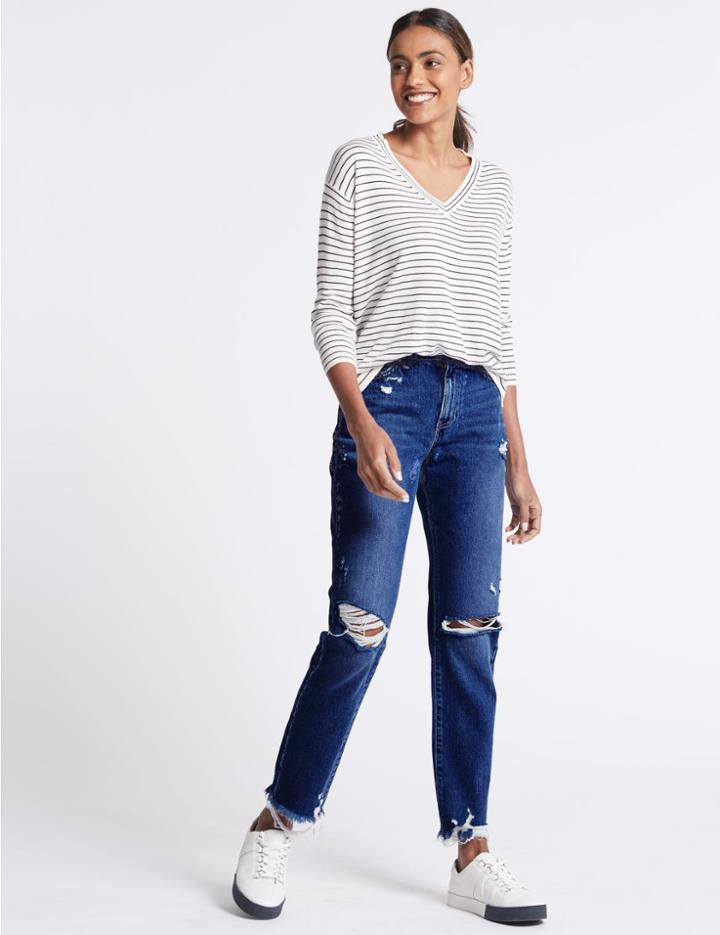 Marks & Spencer Skinny Leg Mid Rise Ripped Hem Jeans Blue