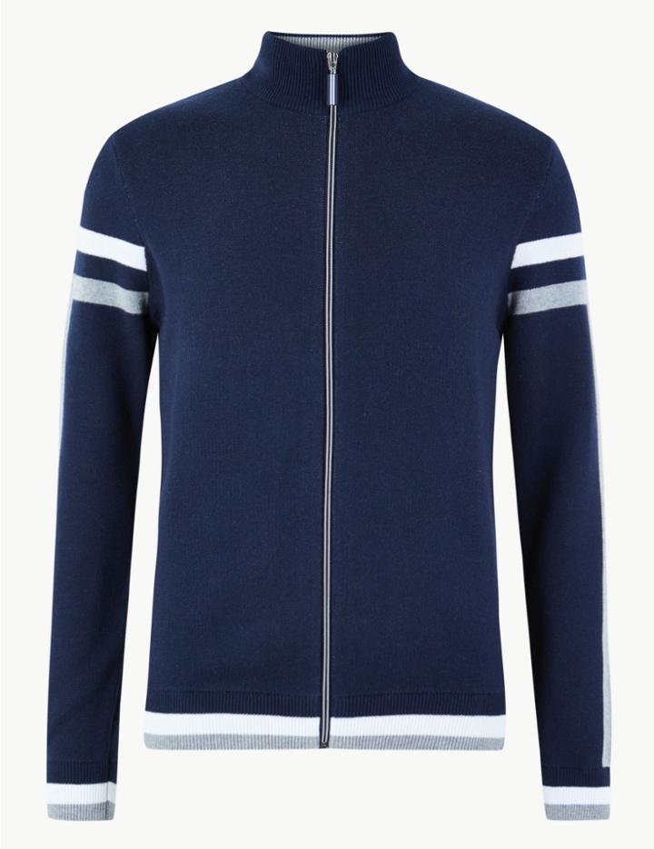 Marks & Spencer Cotton Zip Through Striped Cardigan Navy Mix